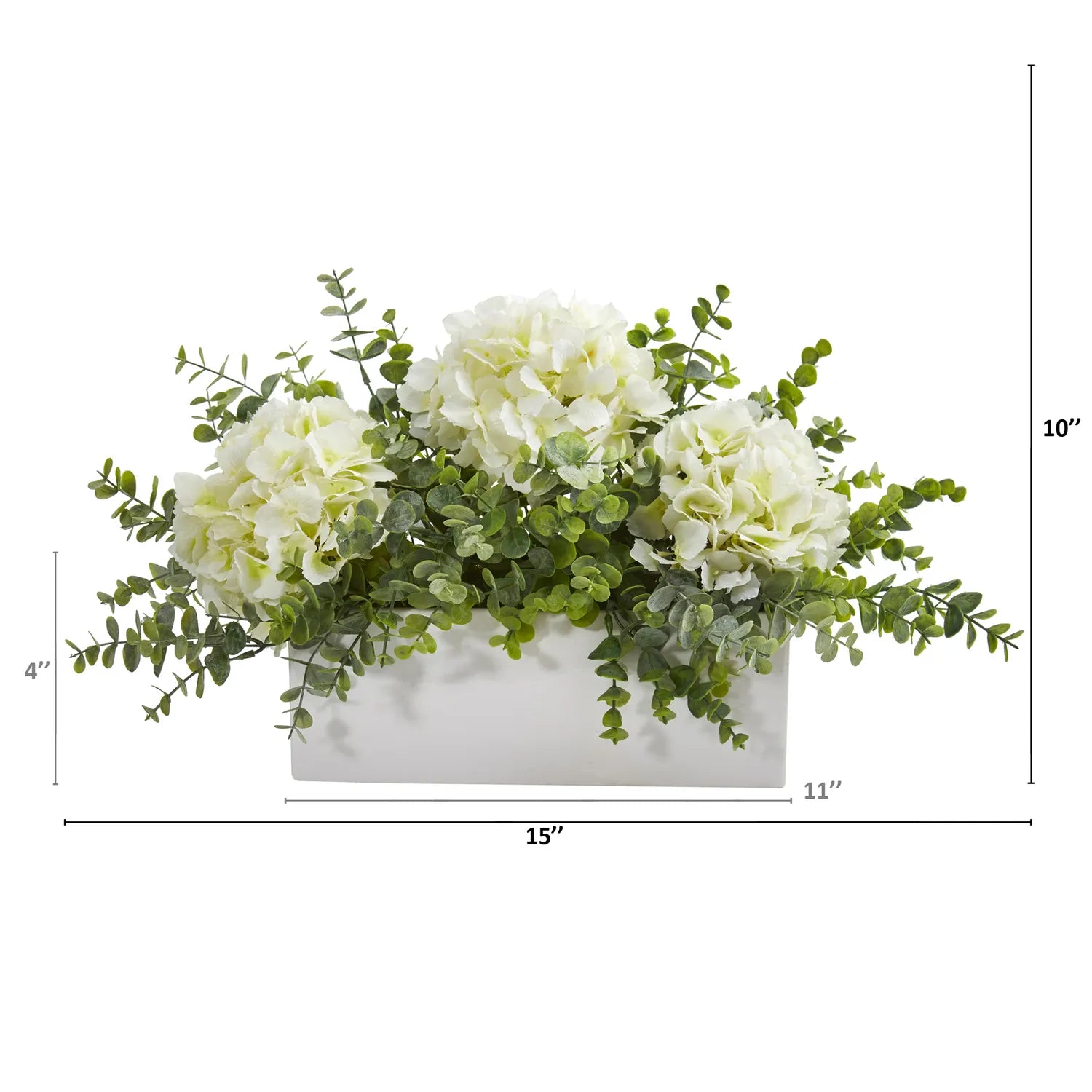 15" Hydrangea and Eucalyptus Arrangement in White Vase