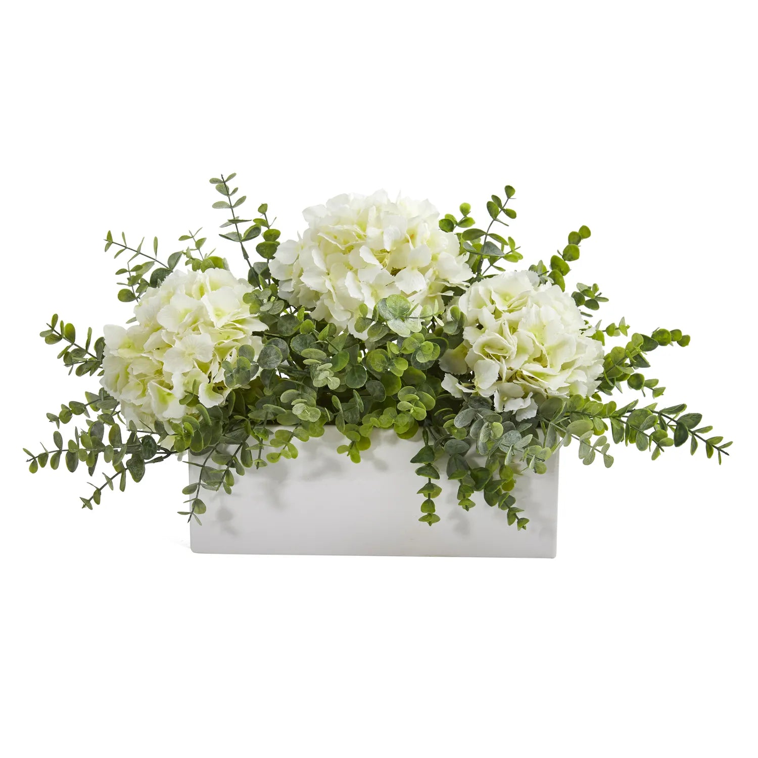 15" Hydrangea and Eucalyptus Arrangement in White Vase